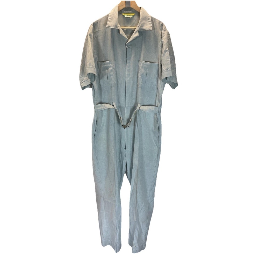 WALLS Vtg 60s 70s Jumpsuit One Piece Leisure wear Mr. Roper Disco LG blue plaid
